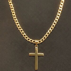 Gold Chain Cuban Curb 18in 20in 22in 24in 4mm and Plain Gold Cross .925 Italy
